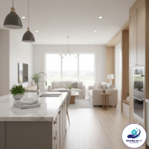 Modern kitchen with spacious living area.